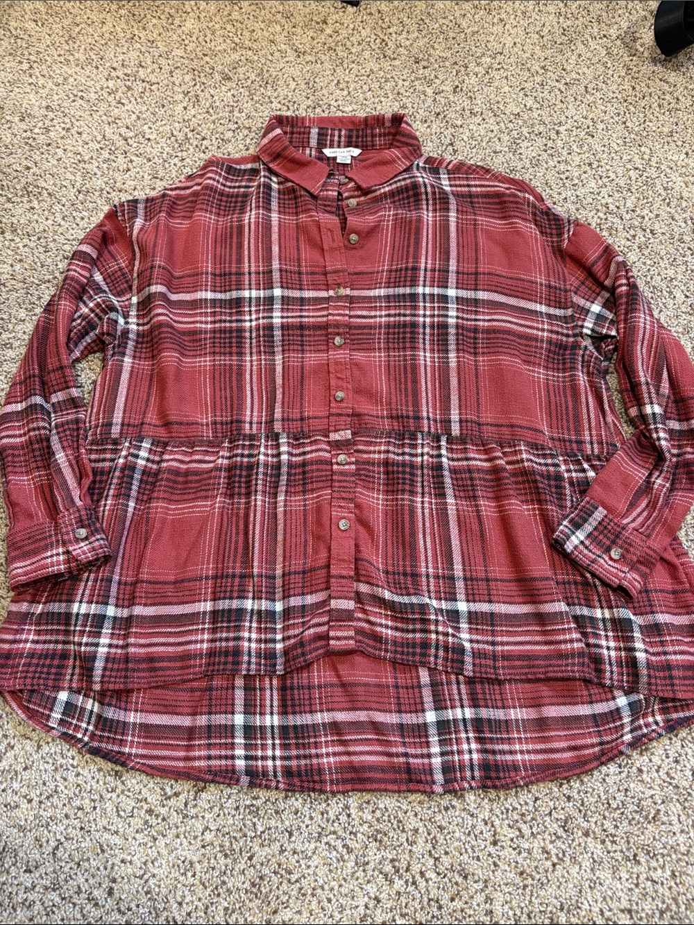 American Eagle Outfitters Red Plaid Button-Front Peplum Shirt